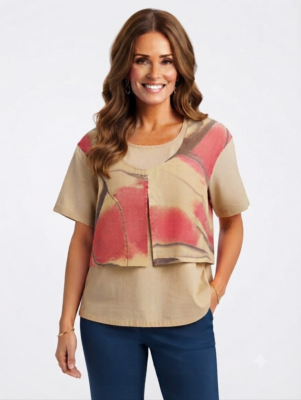 NEW Lauren Vidal Linen & Cotton Blend Layered Short Sleeve Blouse L Mustard, Red